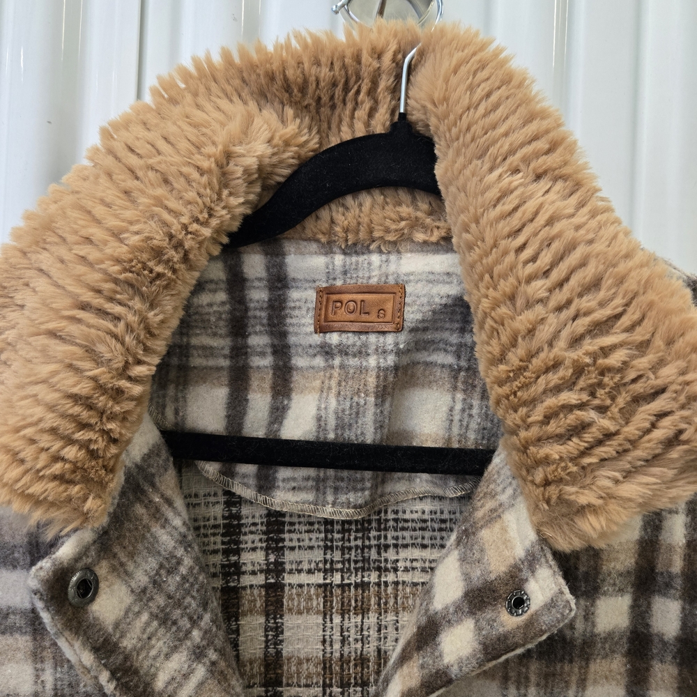 POL Plaid Teddy-Trim Jacket in Brown, Tan and Cream - Picture 4 of 6